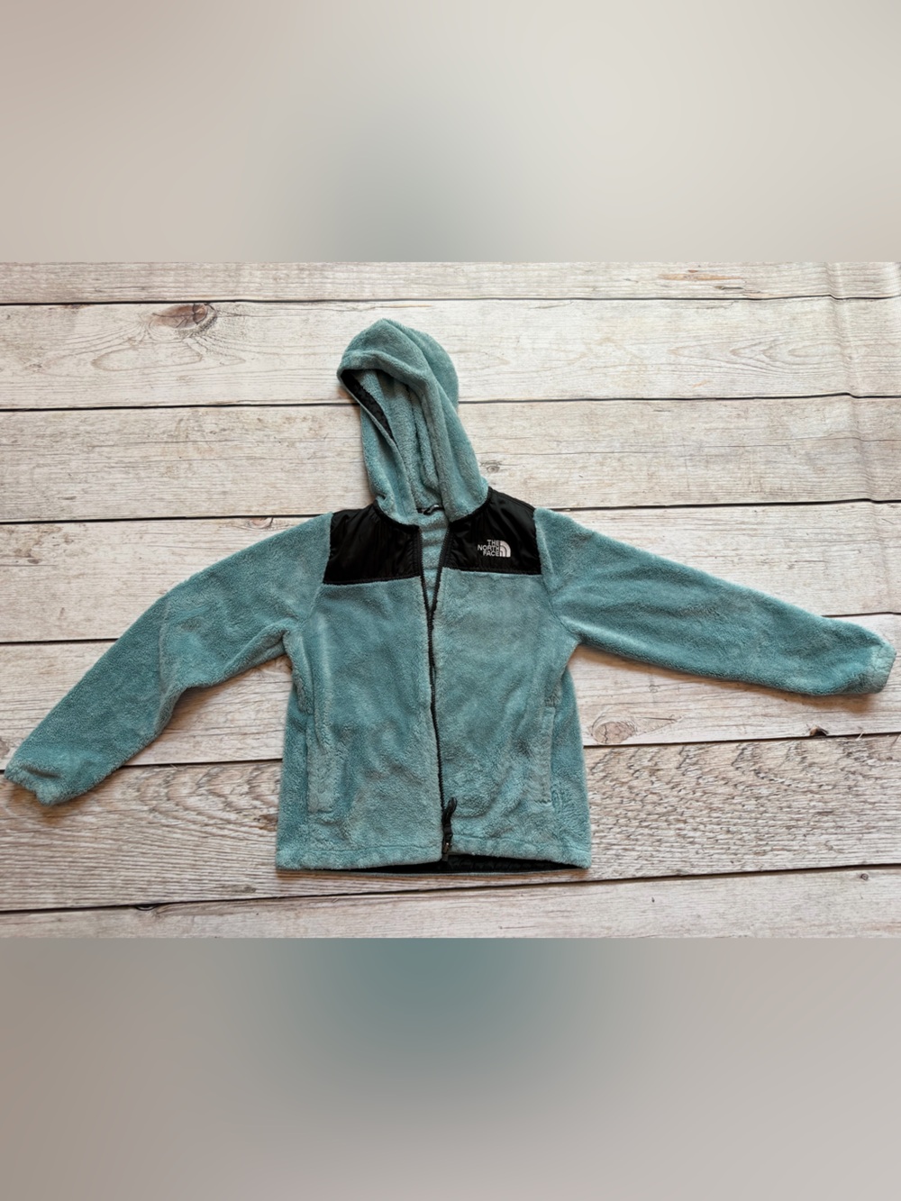 The North Face Teal Hooded Puffer Jacket with Black Shoulder Accents